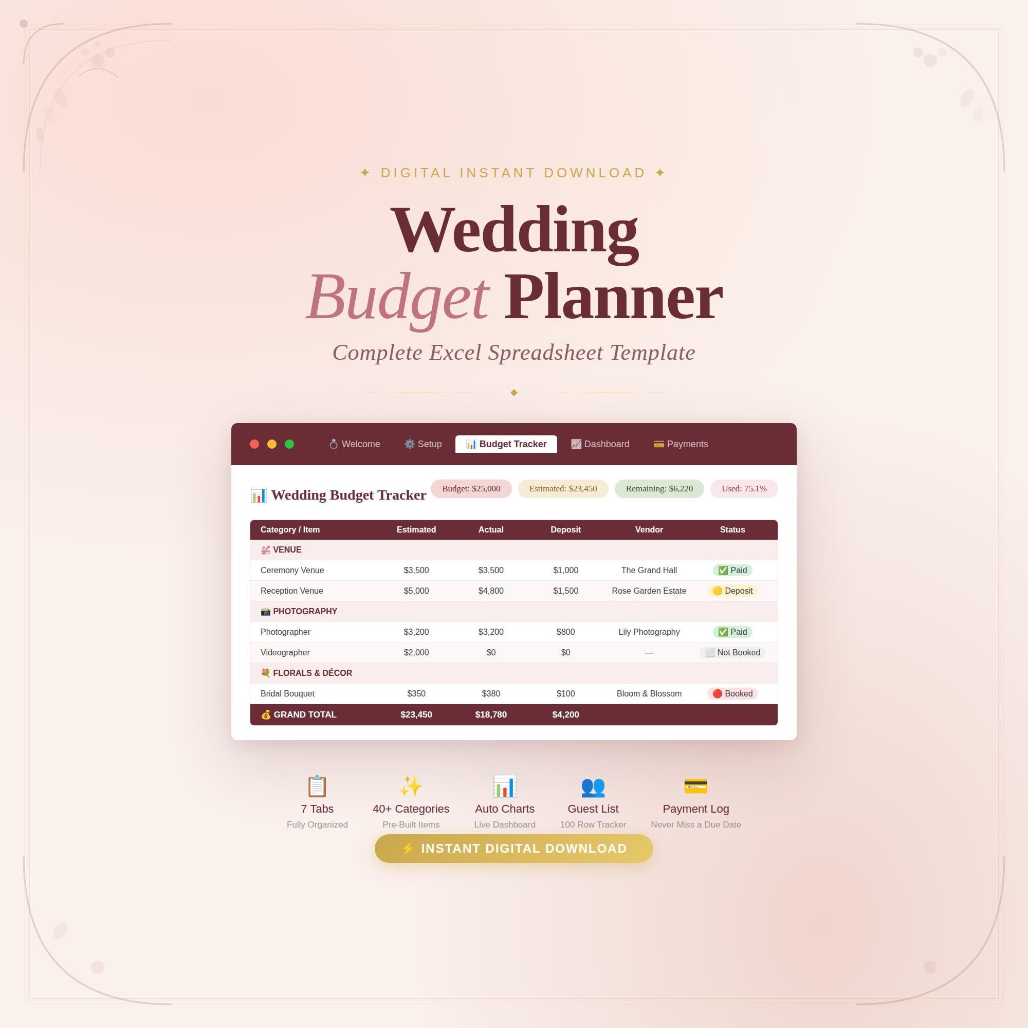 Wedding Budget Planner Spreadsheet | Excel Template | 7 Tabs (Instant Download) - image 1