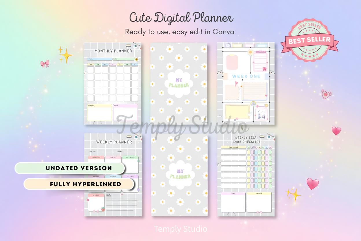 Cute Digital Planner Light Grey | Editable Canva Template | Instant Digital Down - image 8