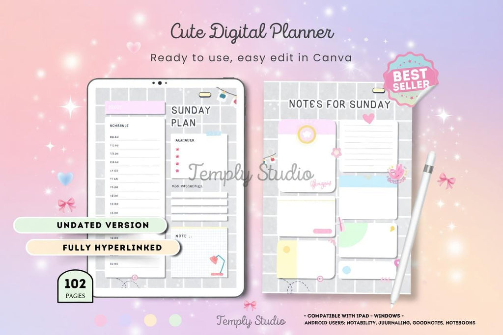 Cute Digital Planner Light Grey | Editable Canva Template | Instant Digital Down - image 9