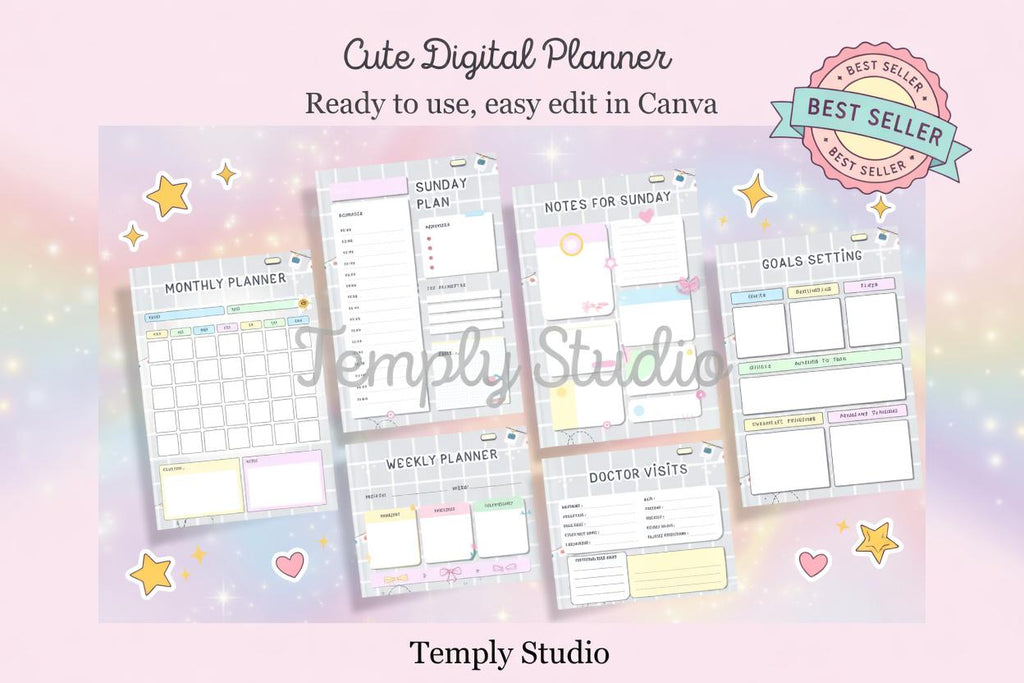 Cute Digital Planner Light Grey | Editable Canva Template | Instant Digital Down - image 2