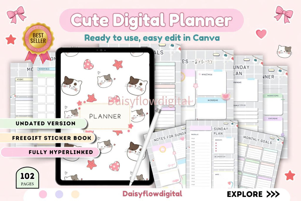 Editable Cute Cat Digital Planner | Canva Template | GoodNotes Notability | Unda - image 1