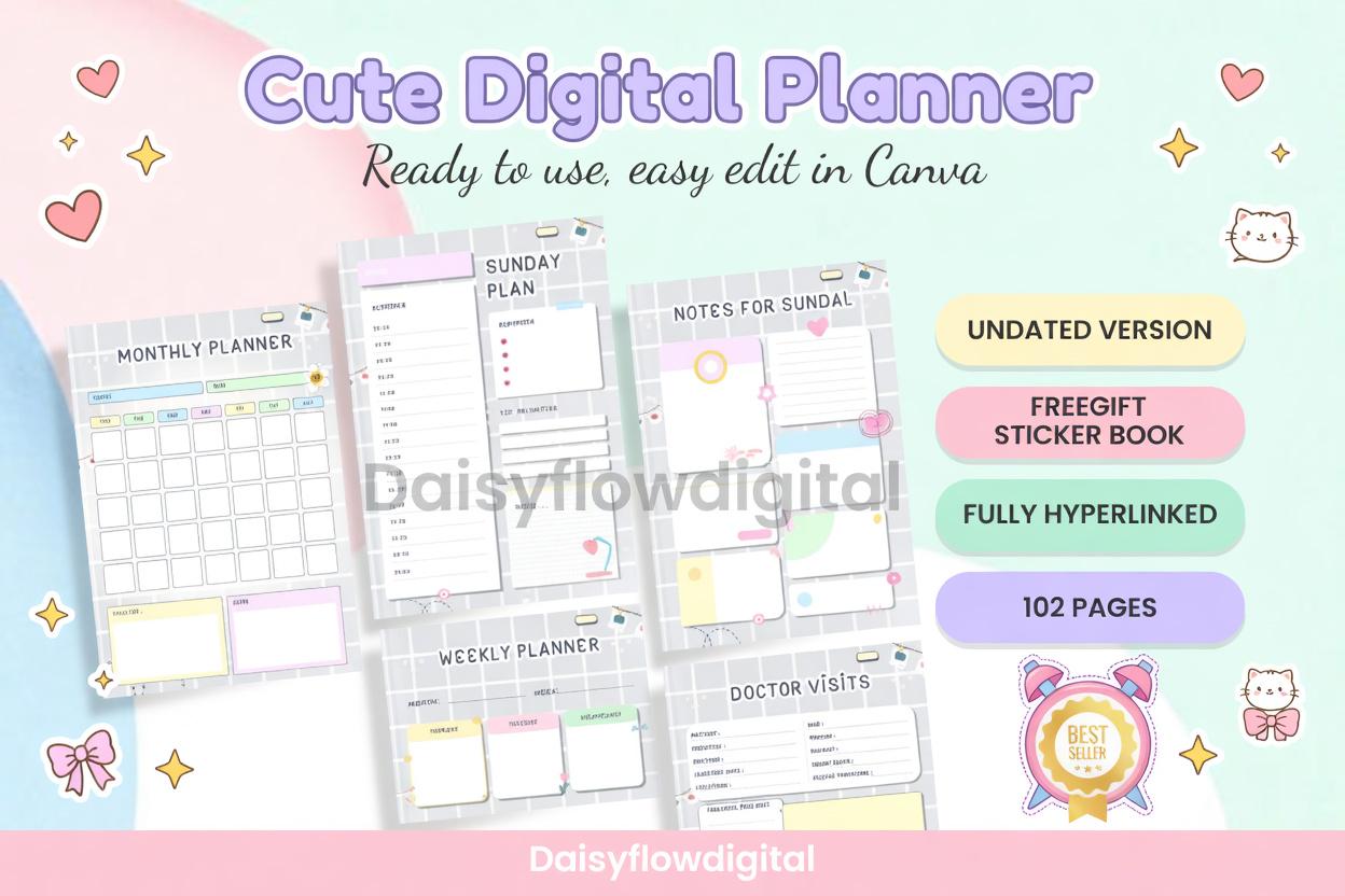 Editable Cute Cat Digital Planner | Canva Template | GoodNotes Notability | Unda - image 5