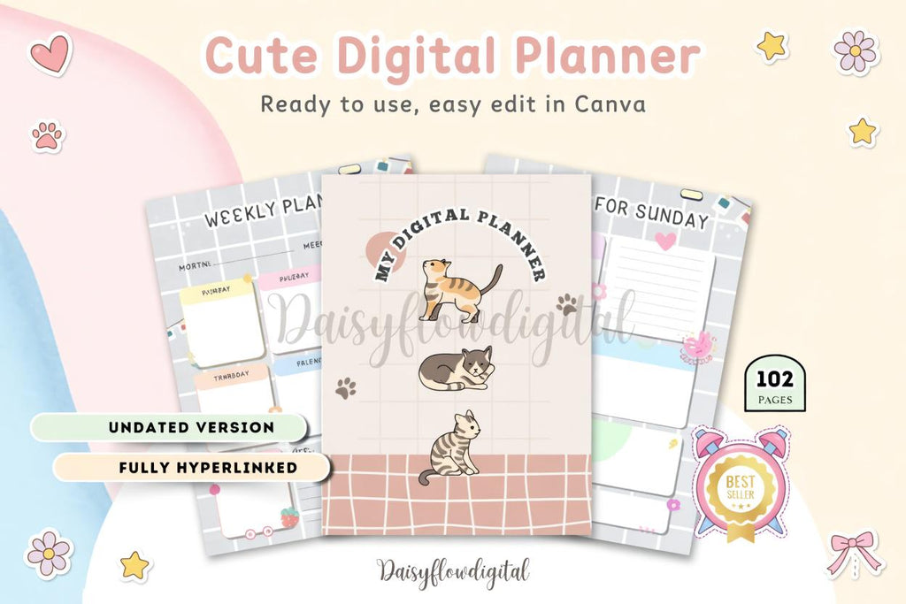 Cute Digital Planner Light Grey | Editable Canva Template | Instant Digital Down - image 1
