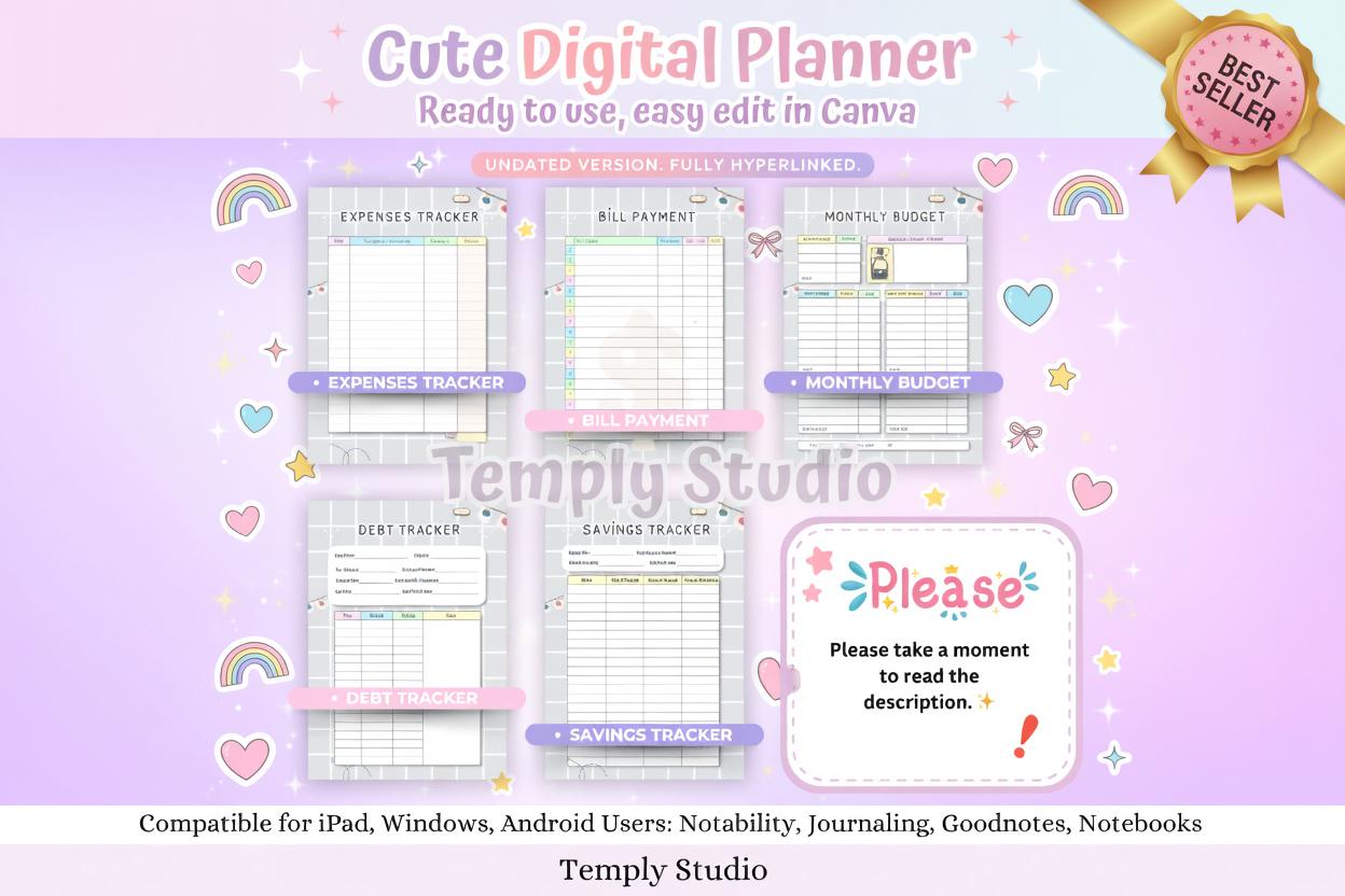 Cute Digital Planner Light Grey | Editable Canva Template | Instant Digital Down - image 6