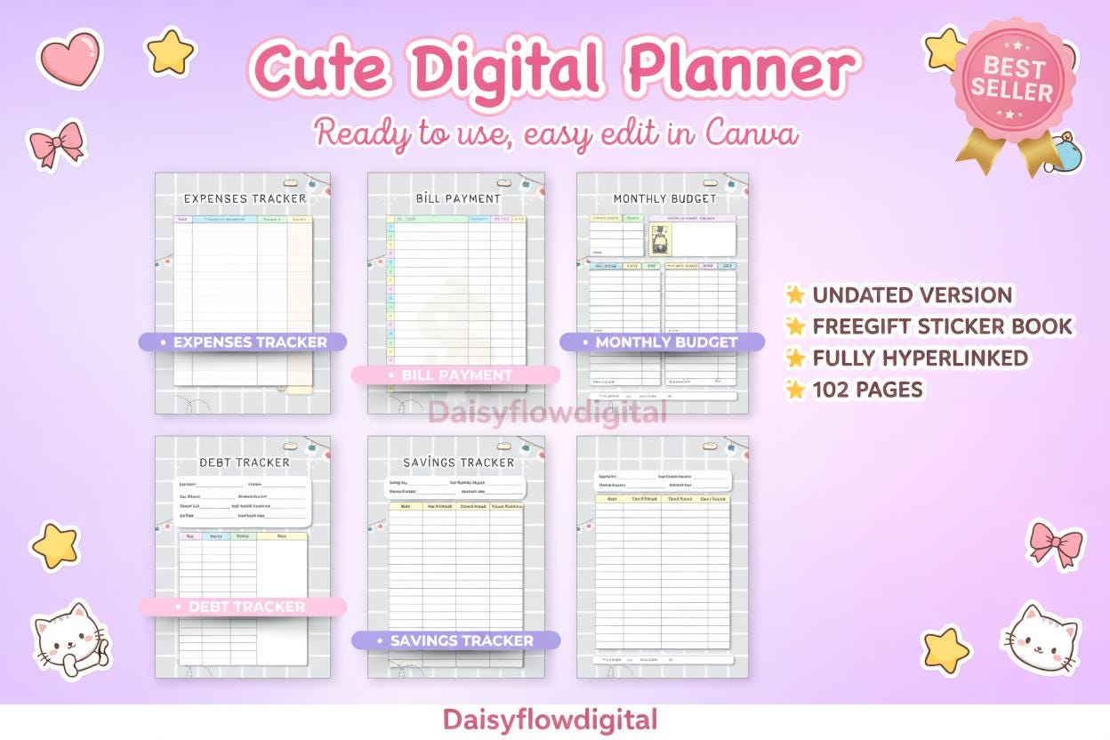 Editable Cute Cat Digital Planner | Canva Template | GoodNotes Notability | Unda - image 6
