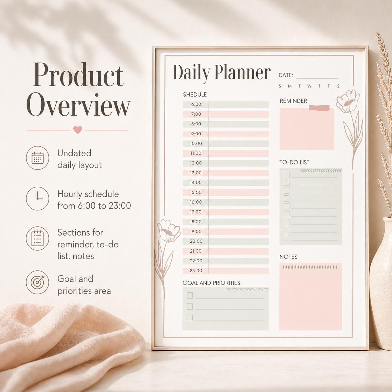 Daily Planner Printable | Undated Daily Schedule PDF, Instant Download, Hourly P - image 2