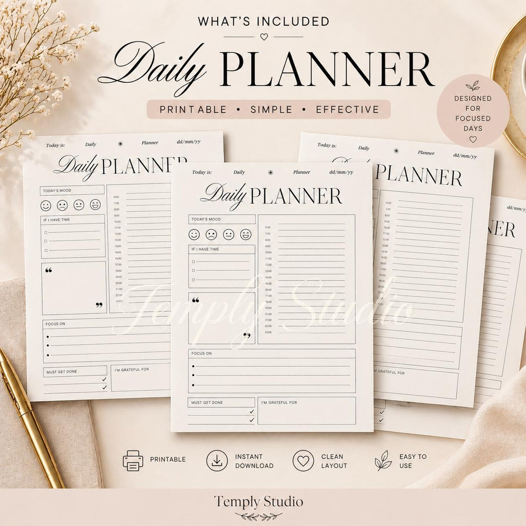 Daily Planner Printable with Mood Tracker | Elegant Hourly Schedule PDF, Instant - image 5