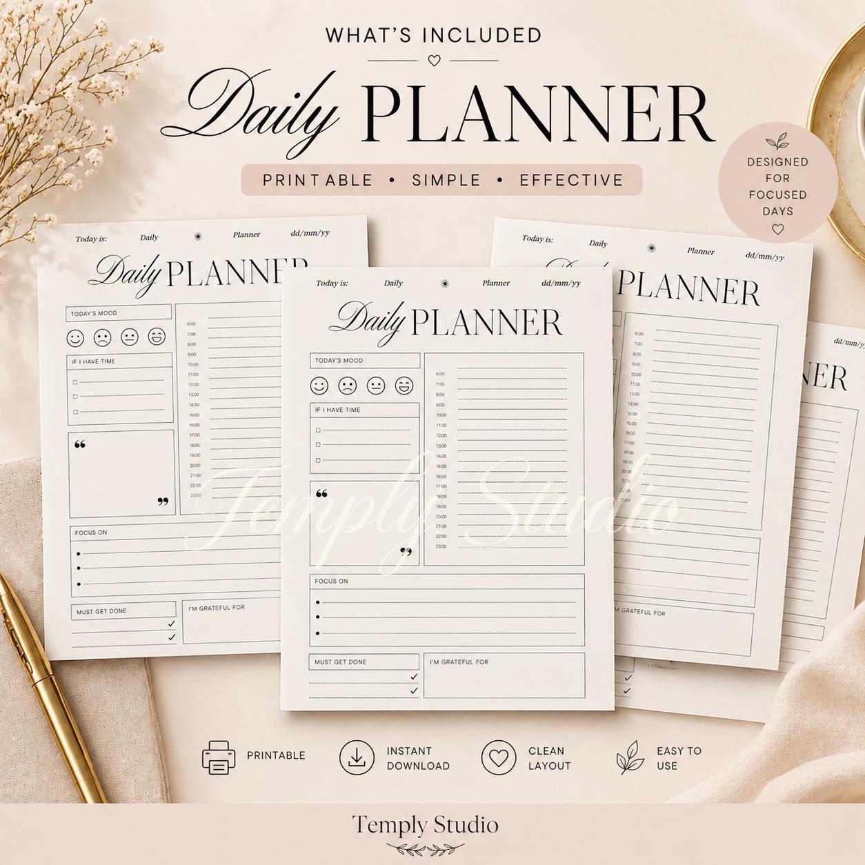 Daily Planner Printable with Mood Tracker | Elegant Hourly Schedule PDF, Instant - image 5