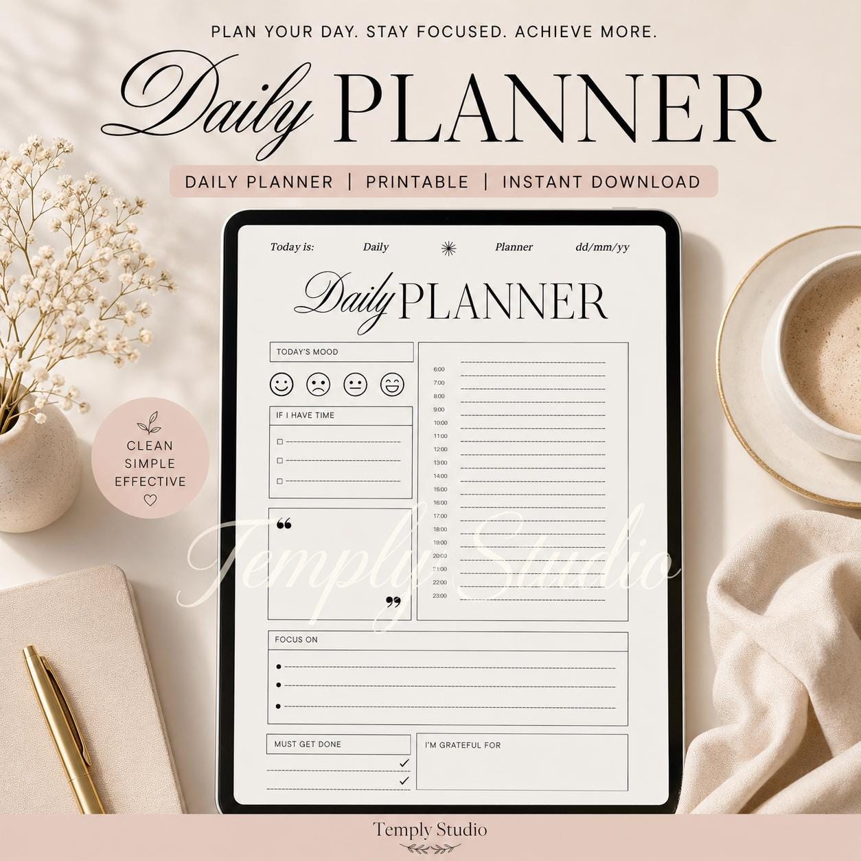 Daily Planner Printable with Mood Tracker | Elegant Hourly Schedule PDF, Instant - image 1