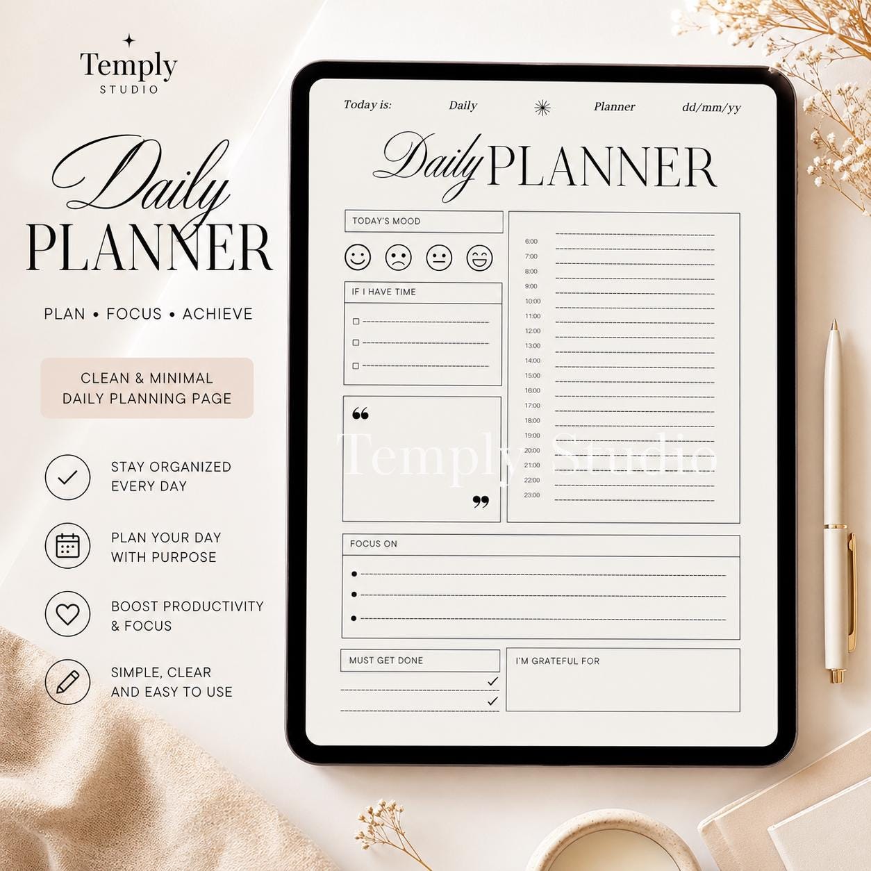 Daily Planner Printable with Mood Tracker | Elegant Hourly Schedule PDF, Instant - image 9