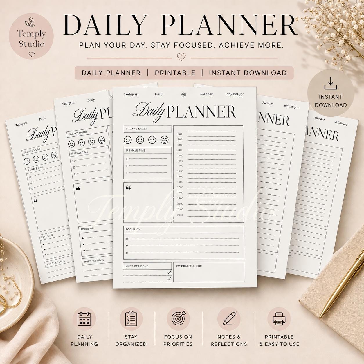 Daily Planner Printable with Mood Tracker | Elegant Hourly Schedule PDF, Instant - image 7