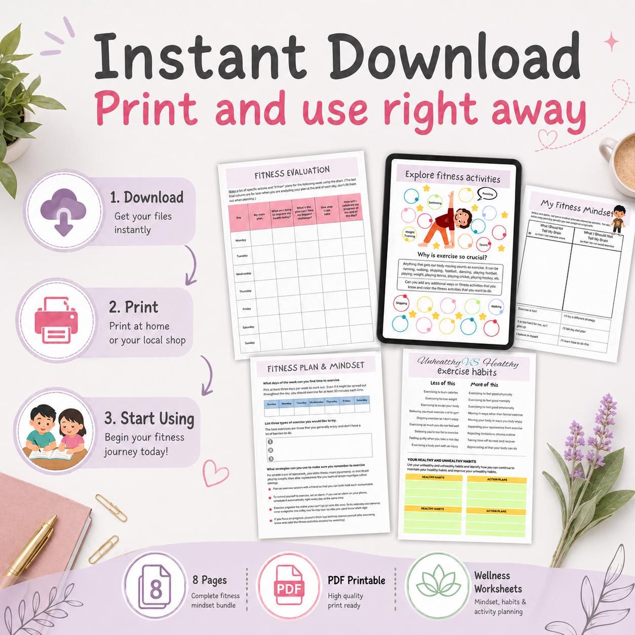Fitness Mindset Templates, Wellness Goal Planner, Workout Motivation Pages, Heal - image 4