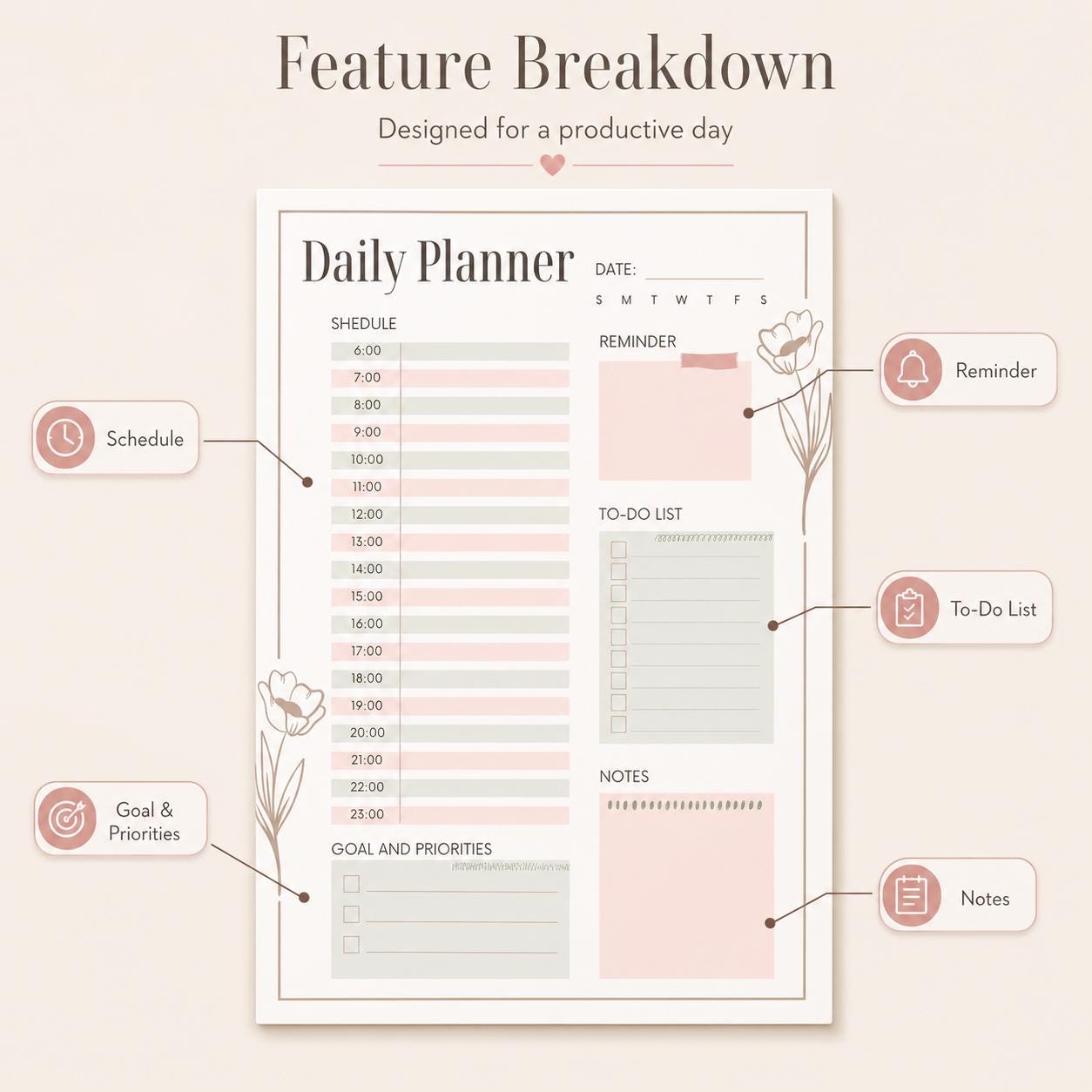 Daily Planner Printable | Undated Daily Schedule PDF, Instant Download, Hourly P - image 3