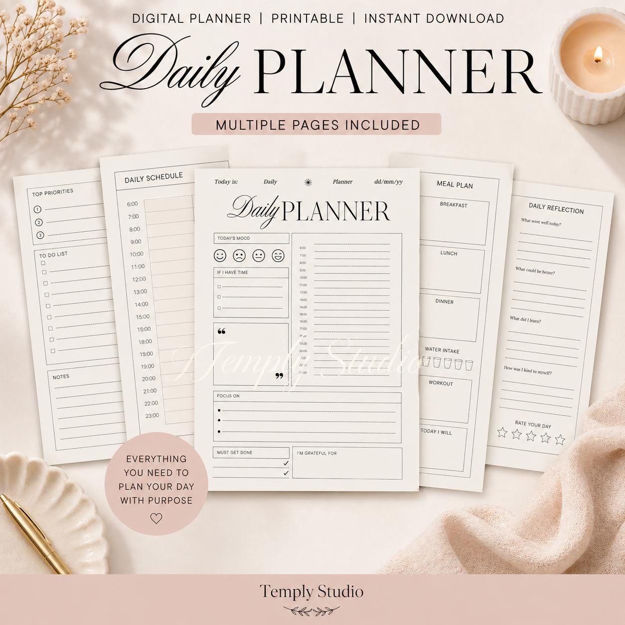 Daily Planner Printable with Mood Tracker | Elegant Hourly Schedule PDF, Instant - image 4