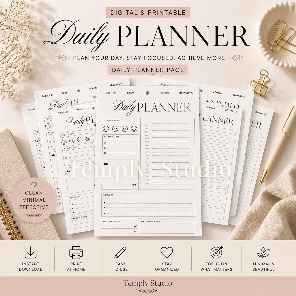 Daily Planner Printable with Mood Tracker | Elegant Hourly Schedule PDF, Instant - image 3