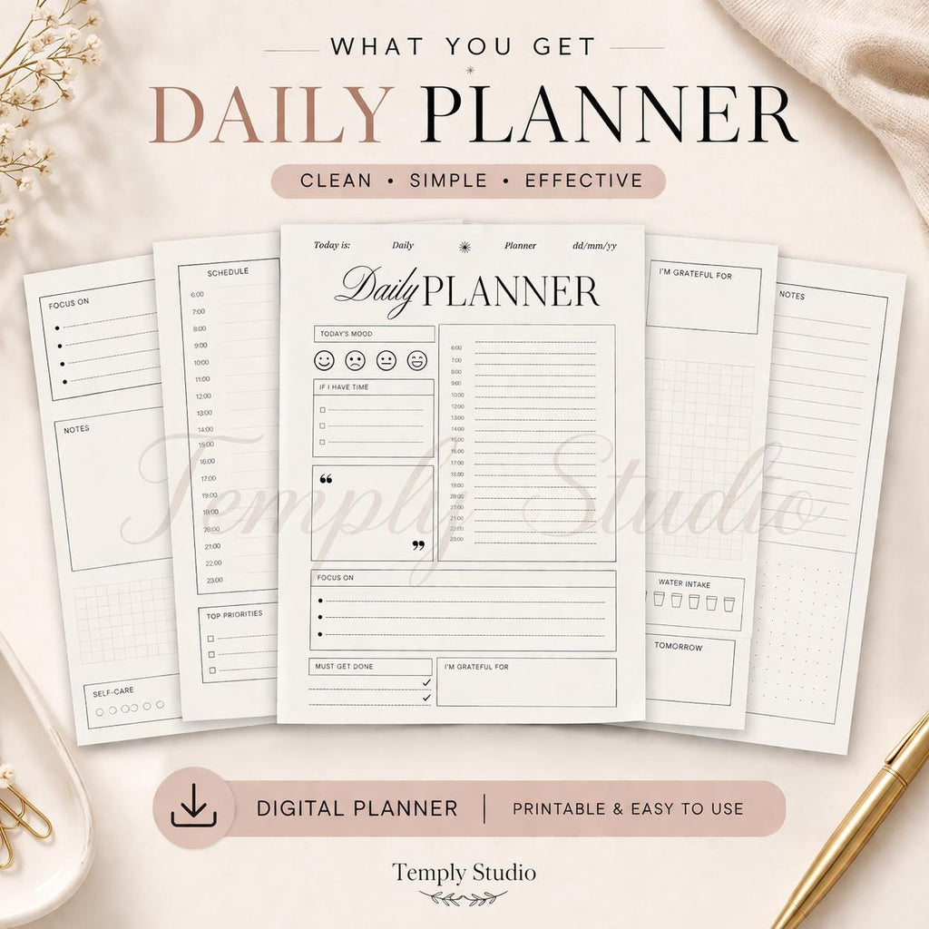 Daily Planner Printable with Mood Tracker | Elegant Hourly Schedule PDF, Instant - image 6