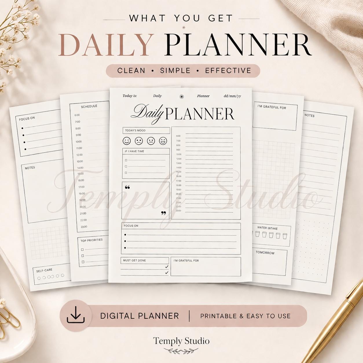 Daily Planner Printable with Mood Tracker | Elegant Hourly Schedule PDF, Instant - image 6