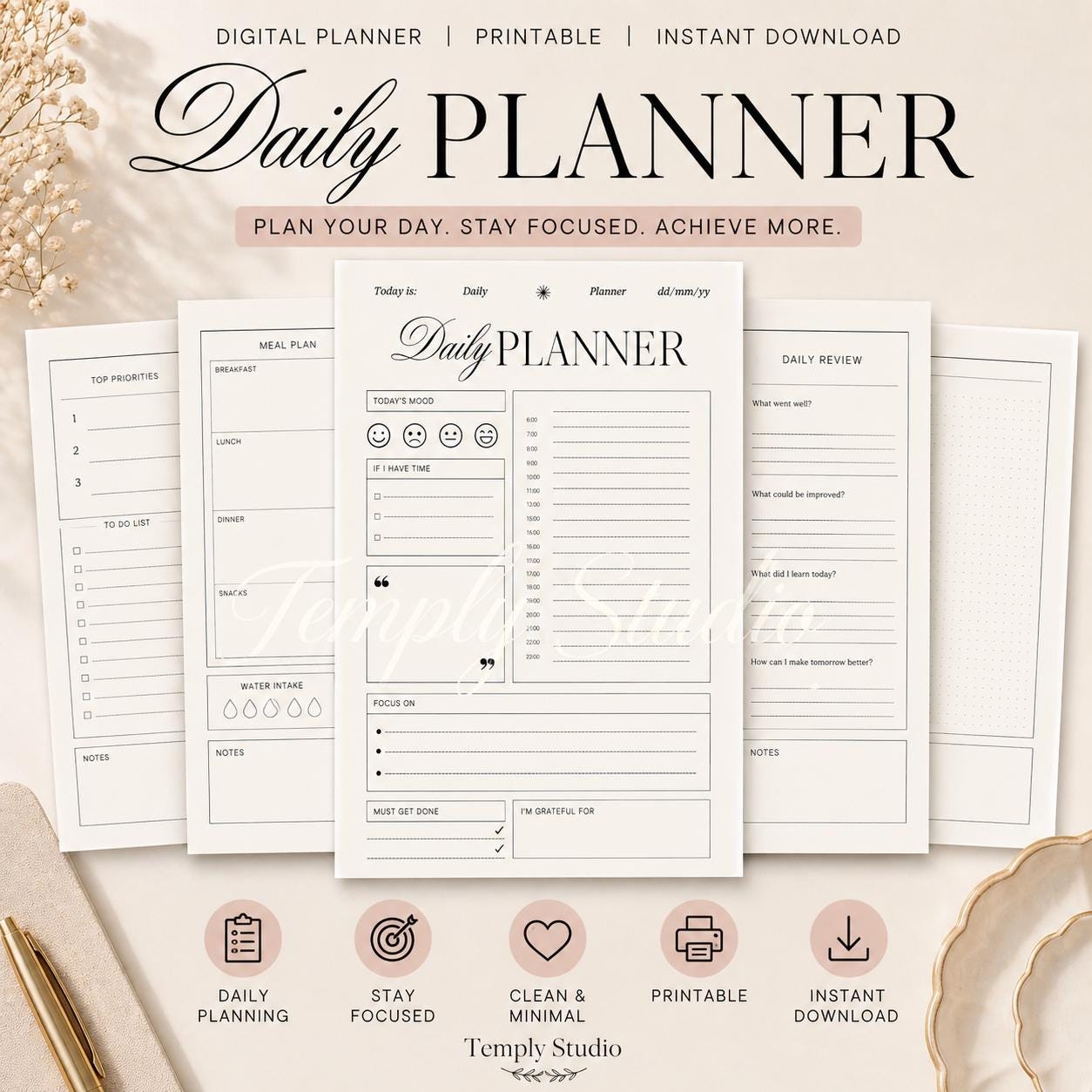 Daily Planner Printable with Mood Tracker | Elegant Hourly Schedule PDF, Instant - image 8