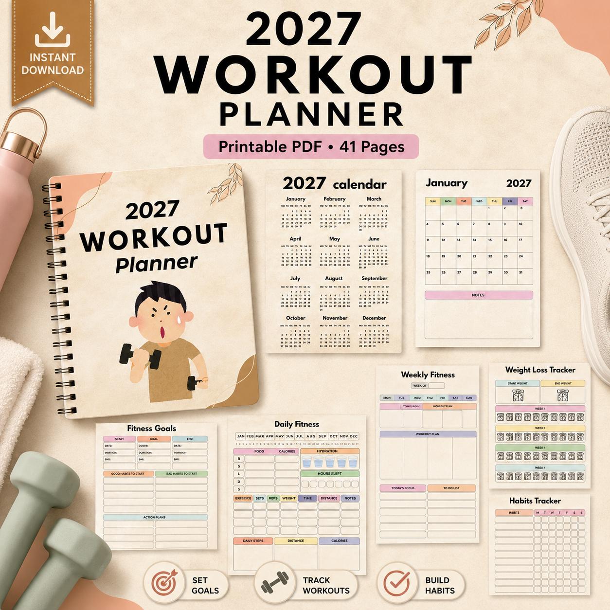 2027 Workout Planner Printable PDF | Digital Fitness Journal and Log | Health and Wel - image 1
