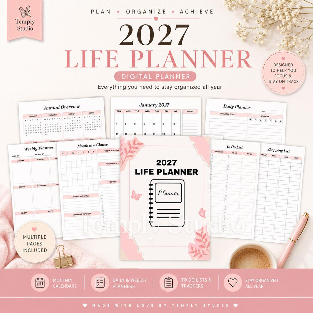 2027 Life Planner Digital | Dated Daily Weekly and Monthly Planner | Pink Floral Desi - image 4