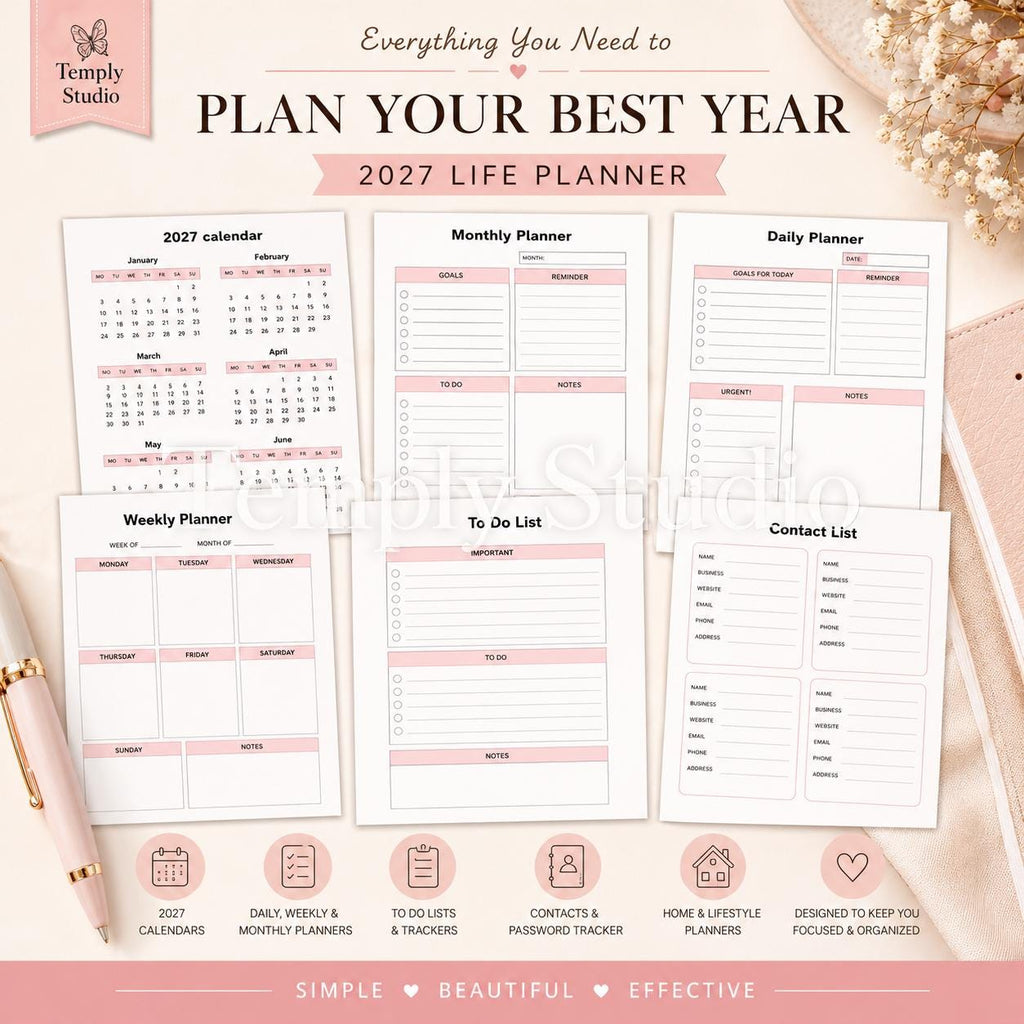 2027 Life Planner Digital | Dated Daily Weekly and Monthly Planner | Pink Floral Desi - image 3