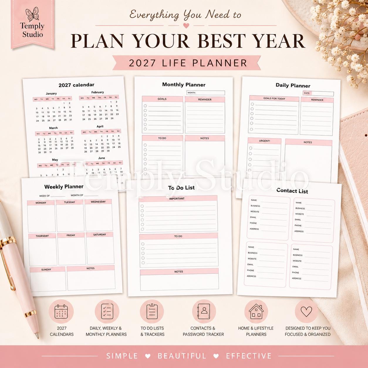 2027 Life Planner Digital | Dated Daily Weekly and Monthly Planner | Pink Floral Desi - image 3