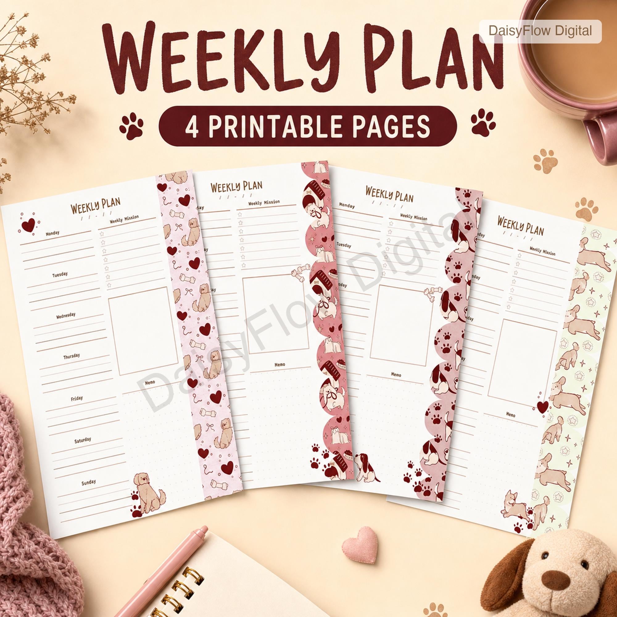 4 Cute Dog Weekly Planner Pages | Printable Weekly Schedule, Undated Digital Planner - image 1