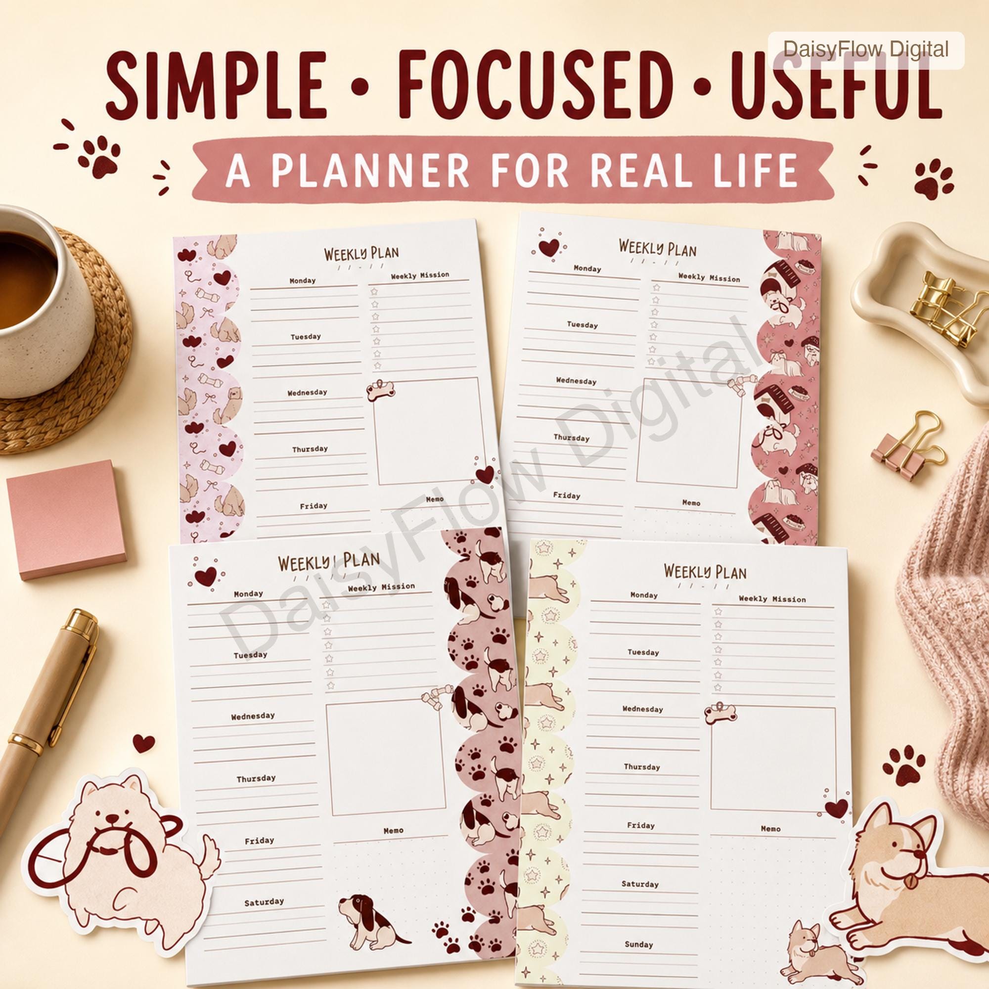 4 Cute Dog Weekly Planner Pages | Printable Weekly Schedule, Undated Digital Planner - image 4
