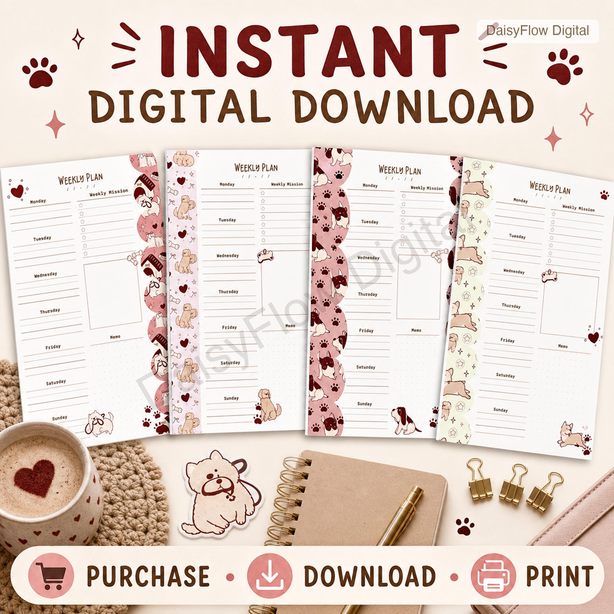 4 Cute Dog Weekly Planner Pages | Printable Weekly Schedule, Undated Digital Planner - image 5
