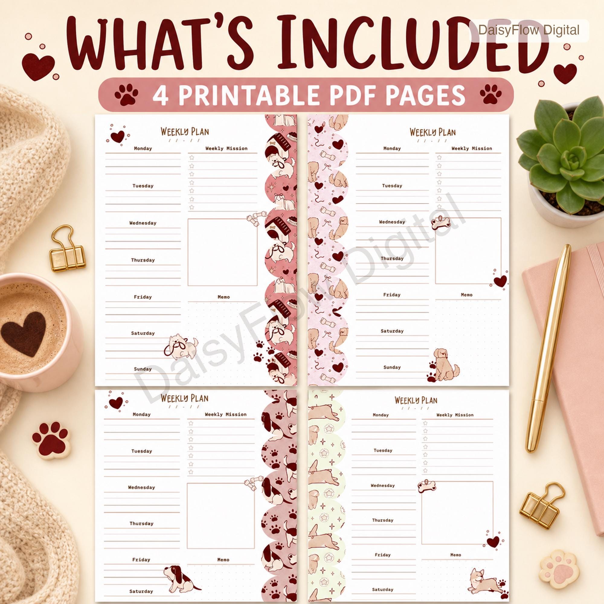4 Cute Dog Weekly Planner Pages | Printable Weekly Schedule, Undated Digital Planner - image 7