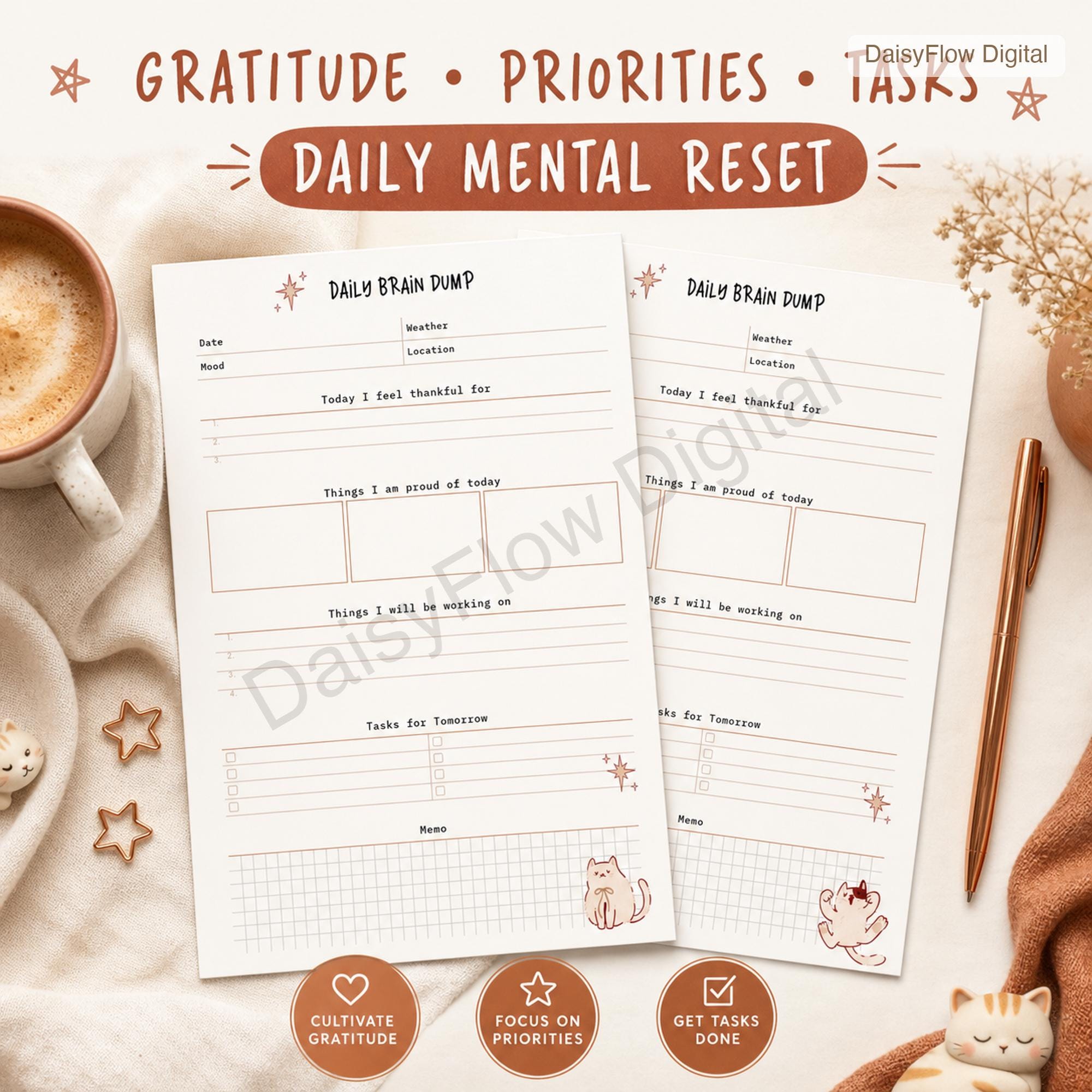 12 Page Cute Cat Daily Brain Dump Printable | Anxiety Journal and To Do List | Mental - image 2