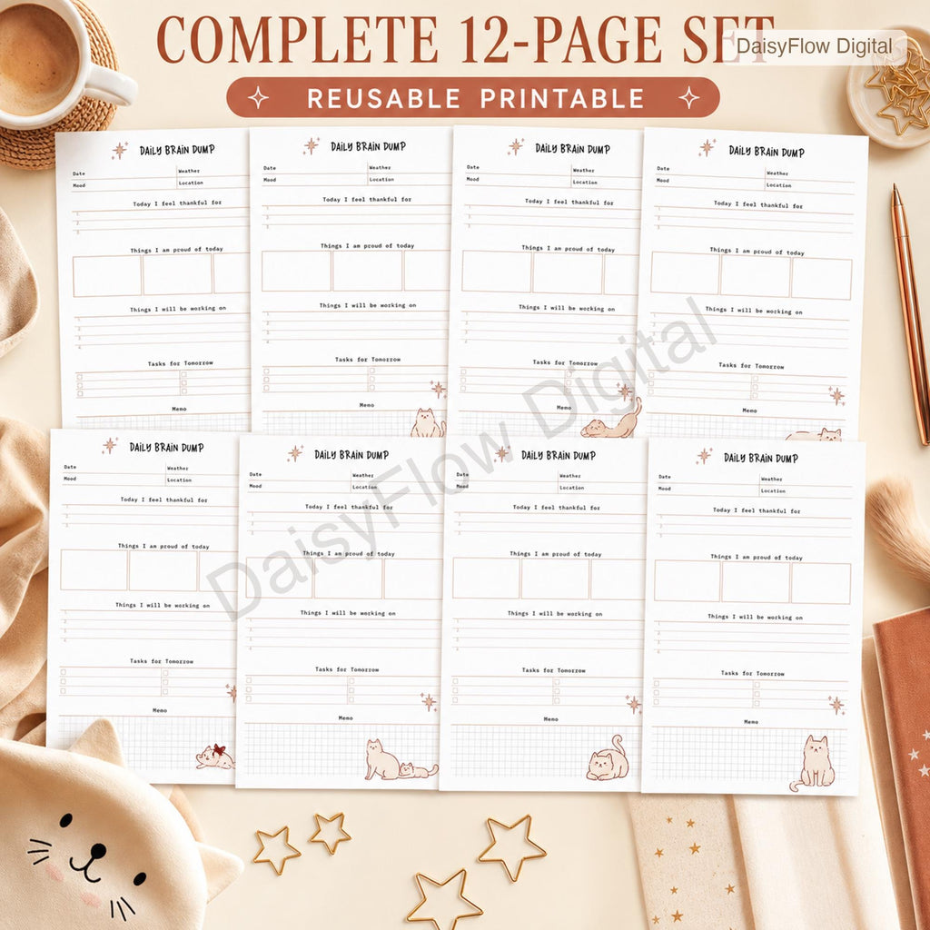 12 Page Cute Cat Daily Brain Dump Printable | Anxiety Journal and To Do List | Mental - image 3