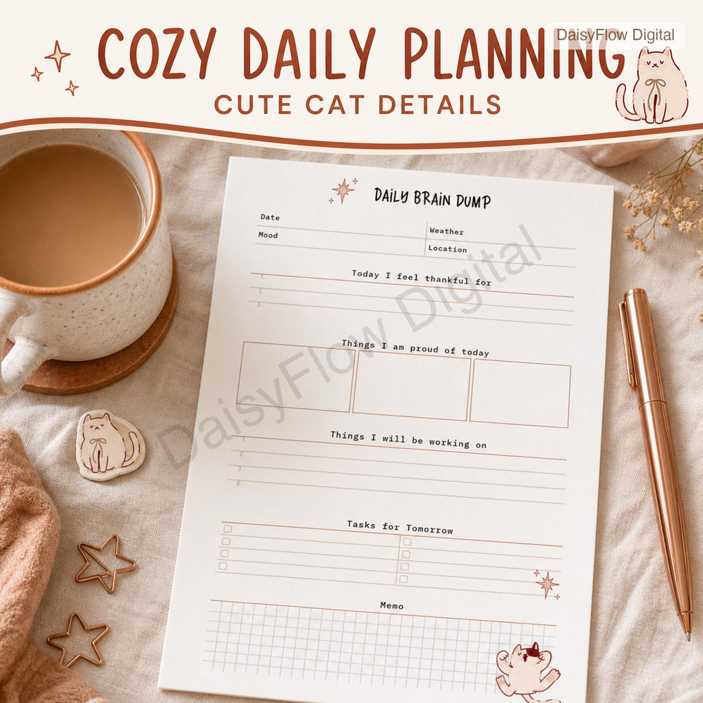 12 Page Cute Cat Daily Brain Dump Printable | Anxiety Journal and To Do List | Mental - image 6