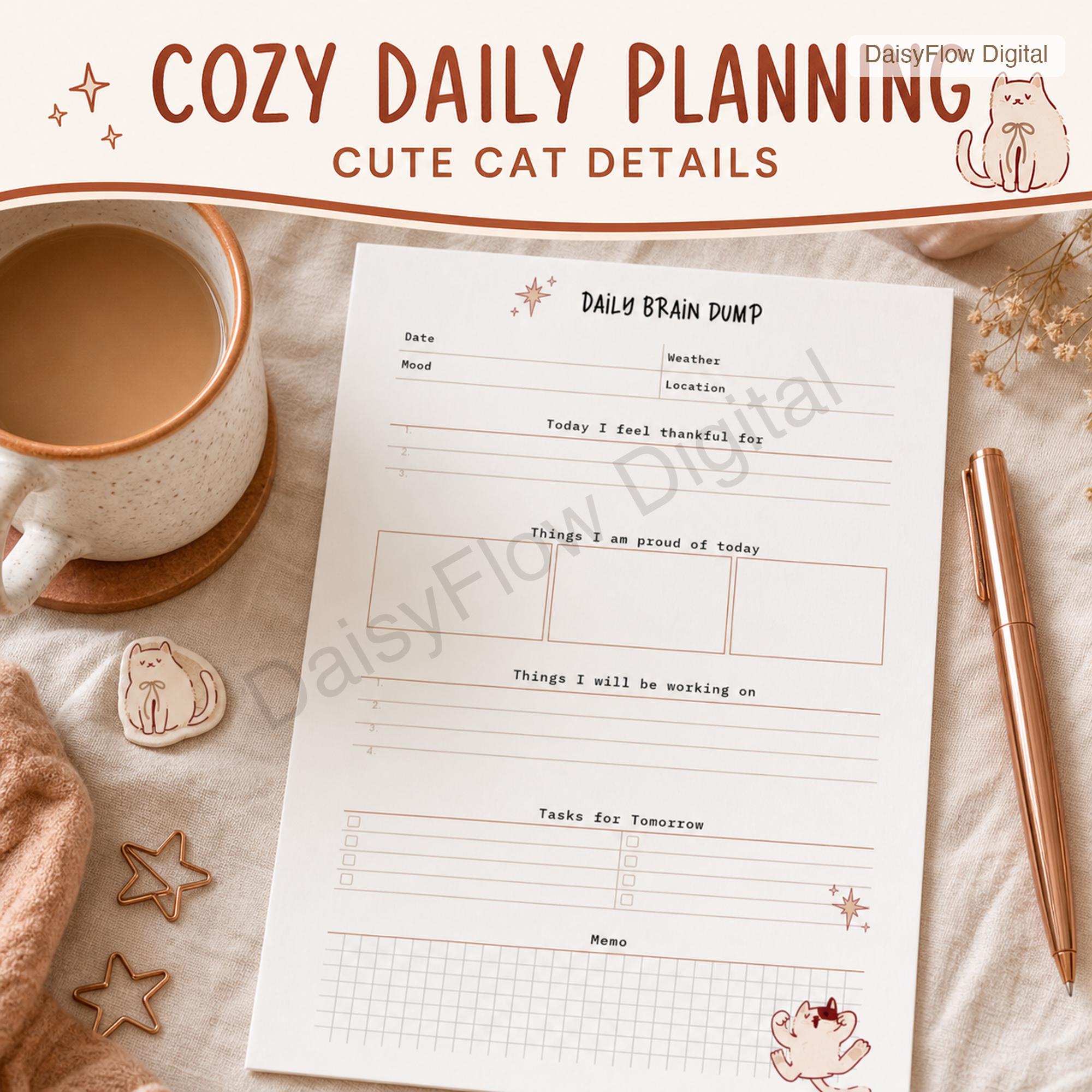 12 Page Cute Cat Daily Brain Dump Printable | Anxiety Journal and To Do List | Mental - image 6