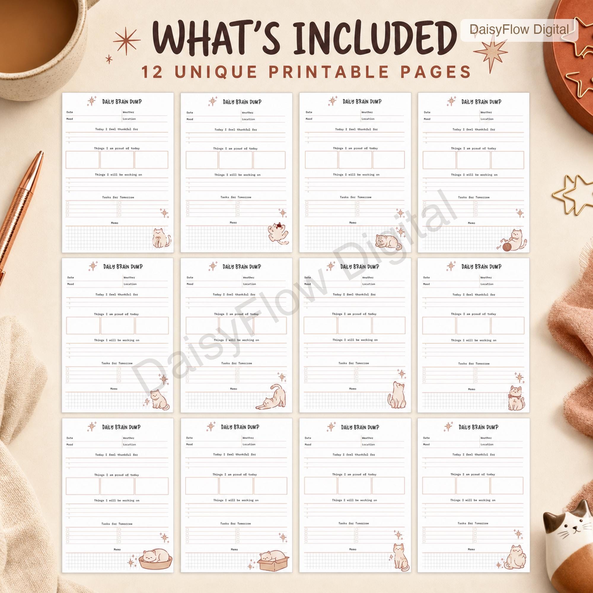 12 Page Cute Cat Daily Brain Dump Printable | Anxiety Journal and To Do List | Mental - image 9