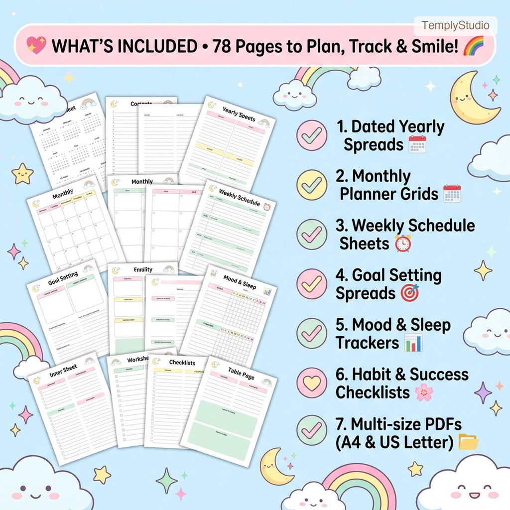 Cute Digital Planner, Undated Digital Planner, 78-Page Pastel Rainbow Planner, H - image 3