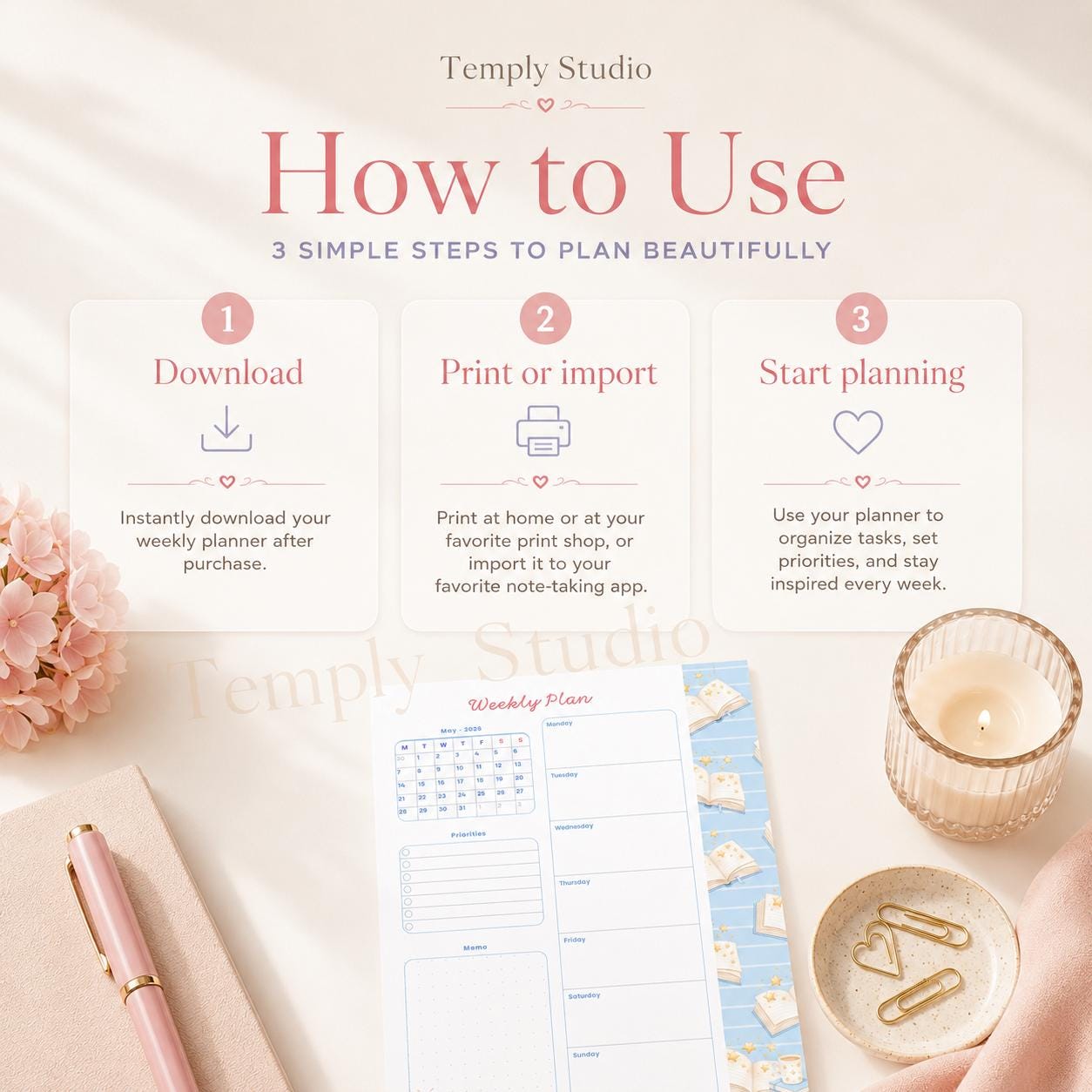 Cute Book Theme Weekly Planner | Printable and Digital Weekly Schedule | Student - image 2