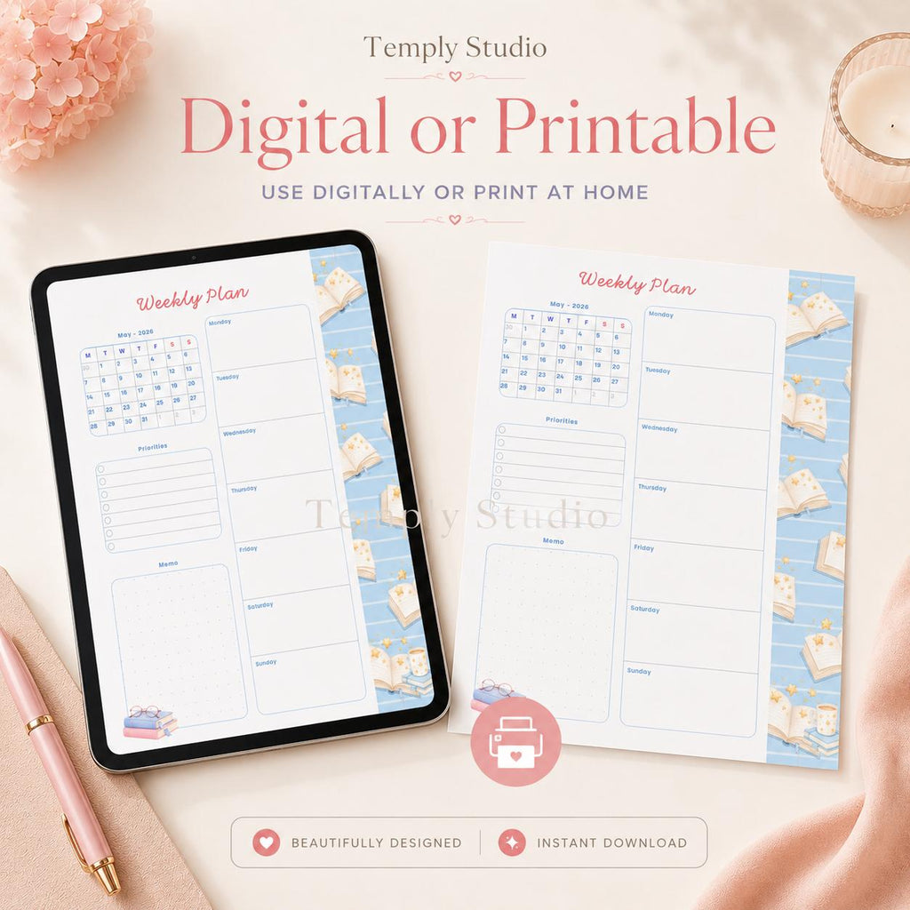 Cute Book Theme Weekly Planner | Printable and Digital Weekly Schedule | Student - image 3