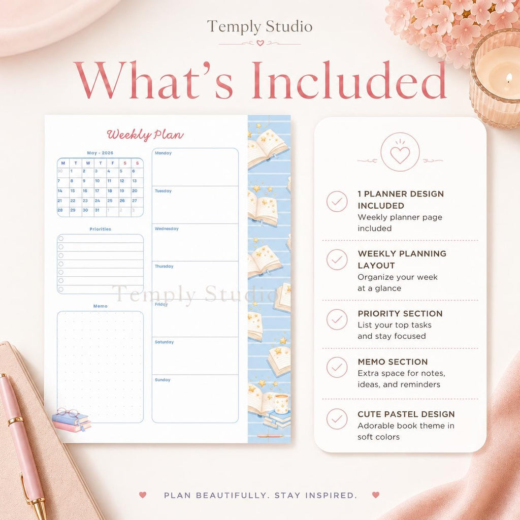 Cute Book Theme Weekly Planner | Printable and Digital Weekly Schedule | Student - image 5