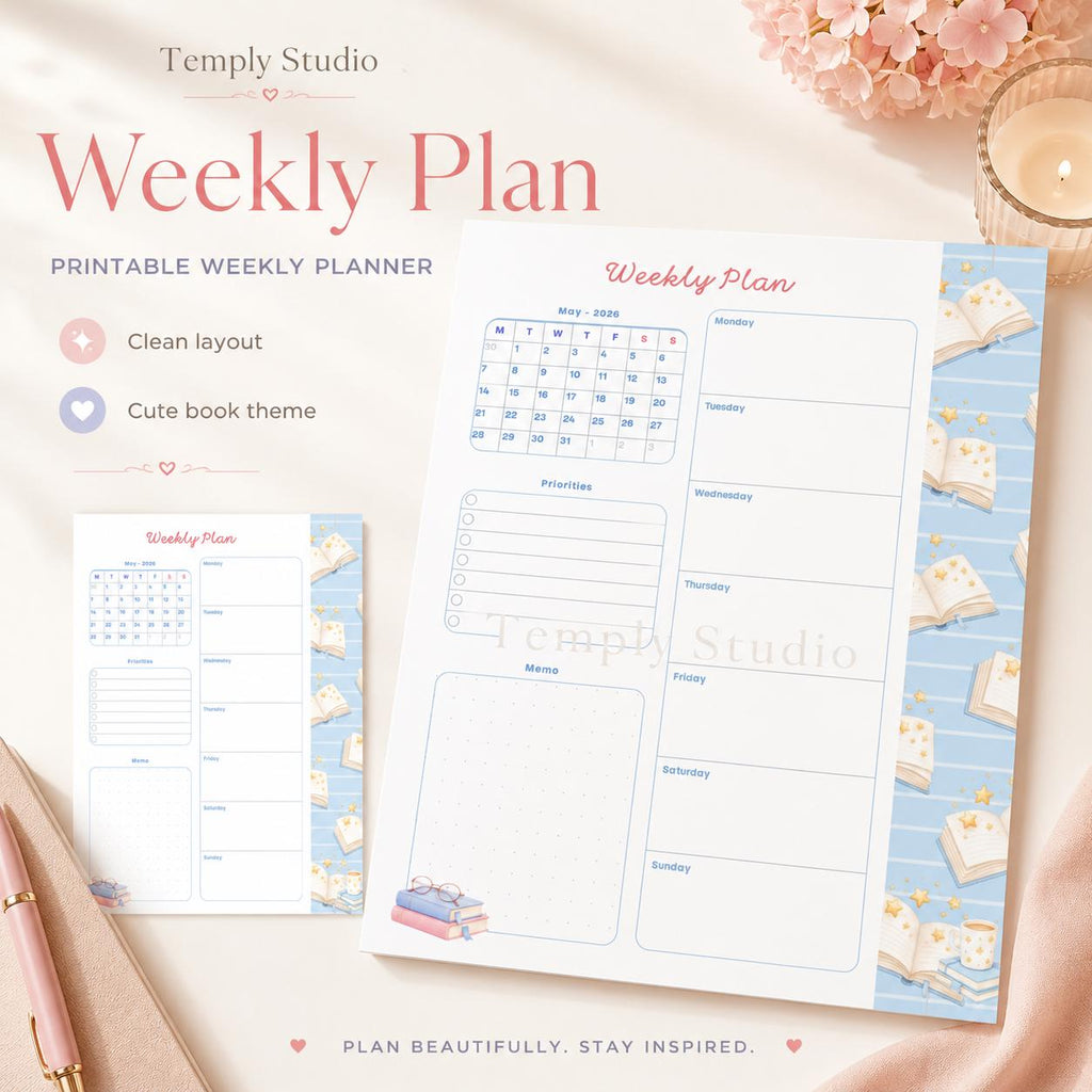 Cute Book Theme Weekly Planner | Printable and Digital Weekly Schedule | Student - image 1