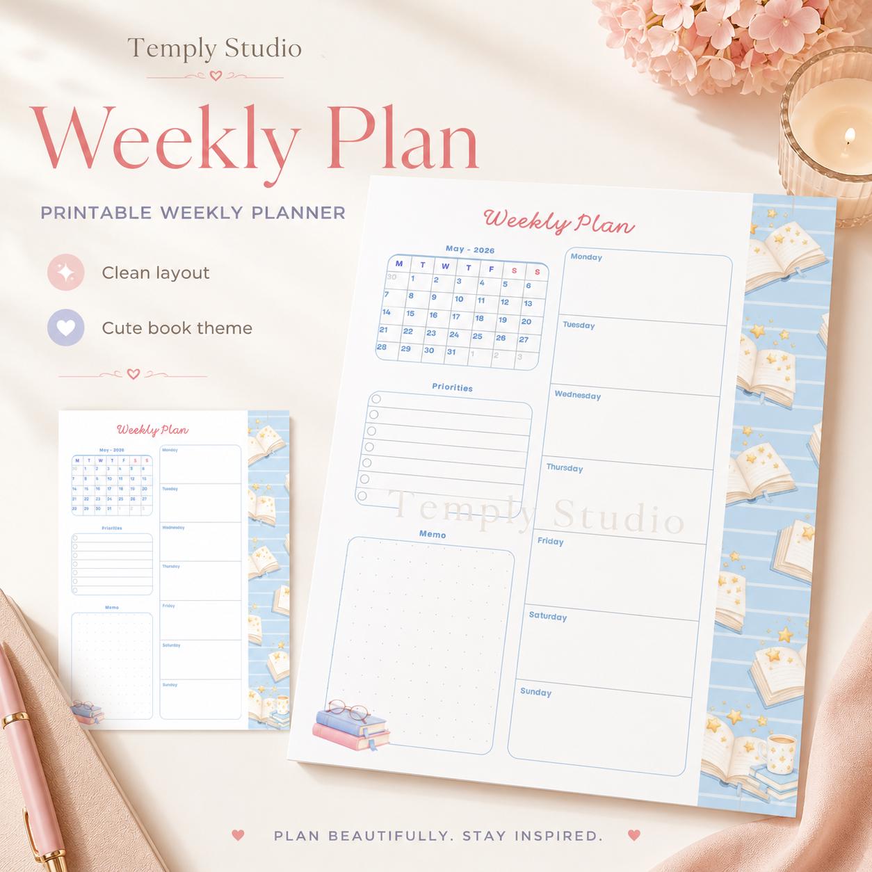 Cute Book Theme Weekly Planner | Printable and Digital Weekly Schedule | Student - image 1