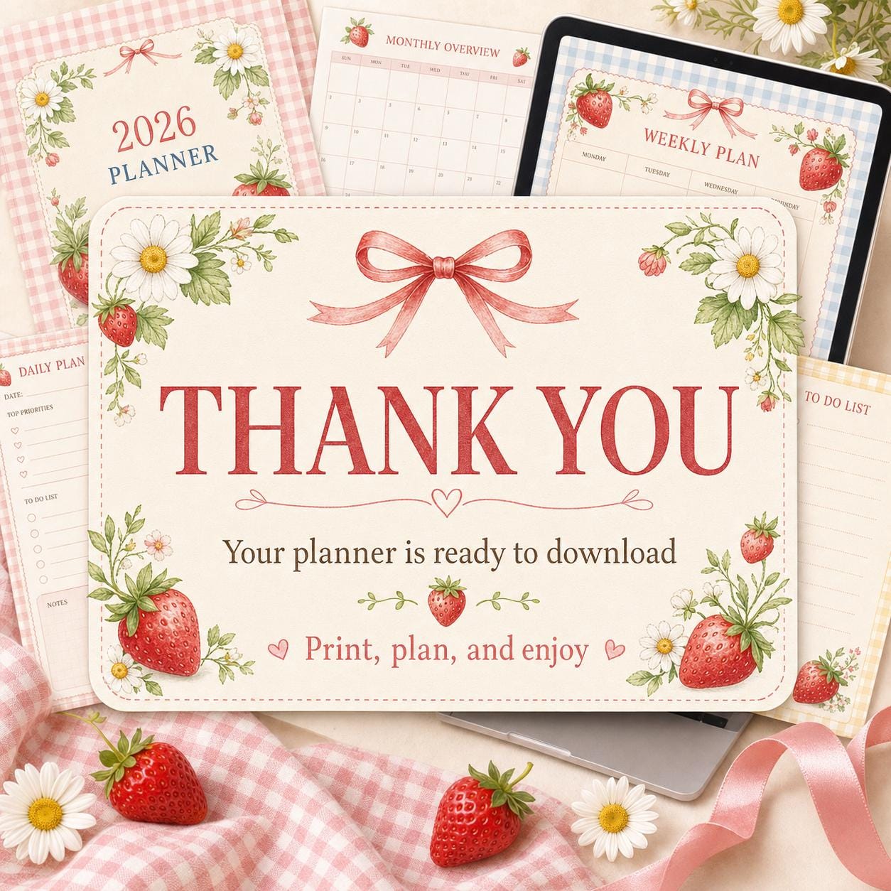 2026 Strawberry Planner Printable | Dated Digital Planner PDF | Cottagecore Aesthetic - image 3