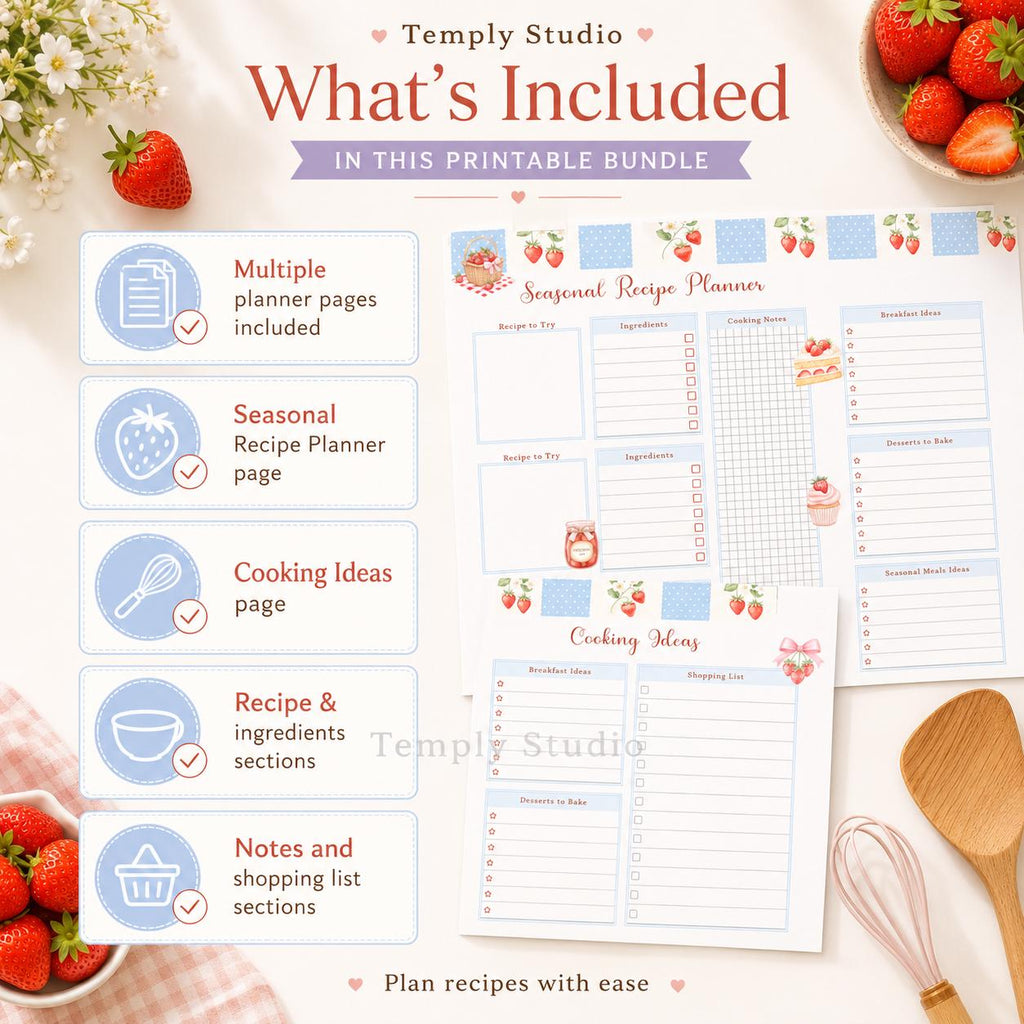 Strawberry Recipe Planner Printable | Cute Meal Planner and Kitchen Organizer In - image 4