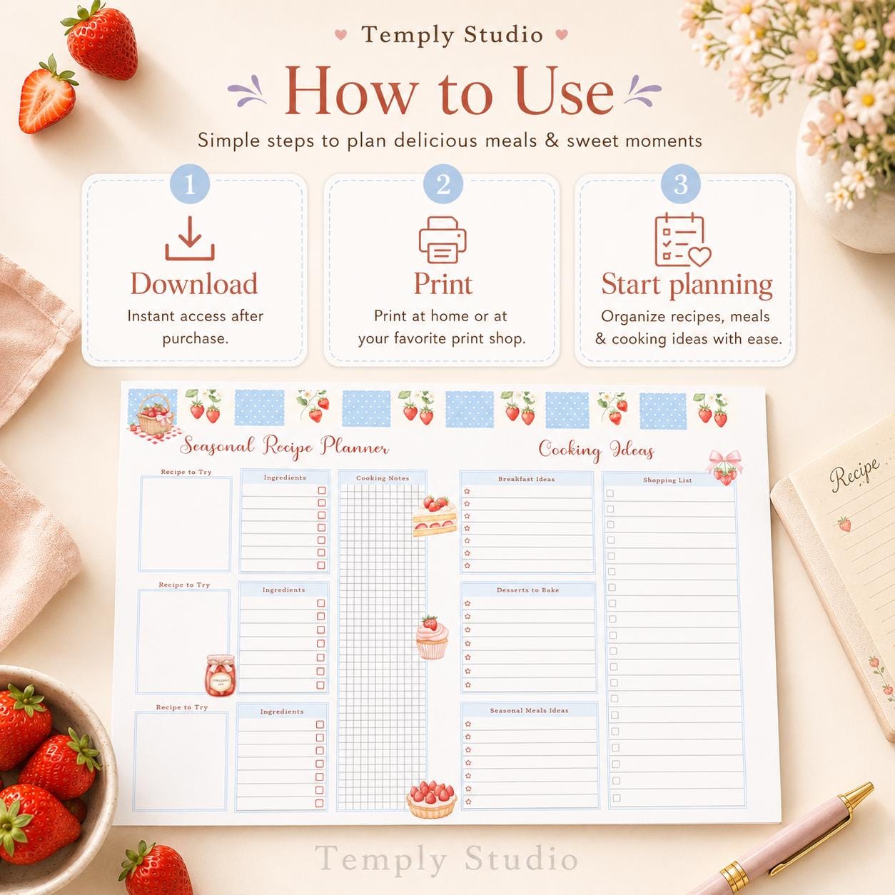 Strawberry Recipe Planner Printable | Cute Meal Planner and Kitchen Organizer In - image 7