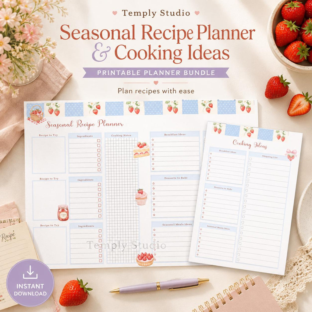 Strawberry Recipe Planner Printable | Cute Meal Planner and Kitchen Organizer In - image 1