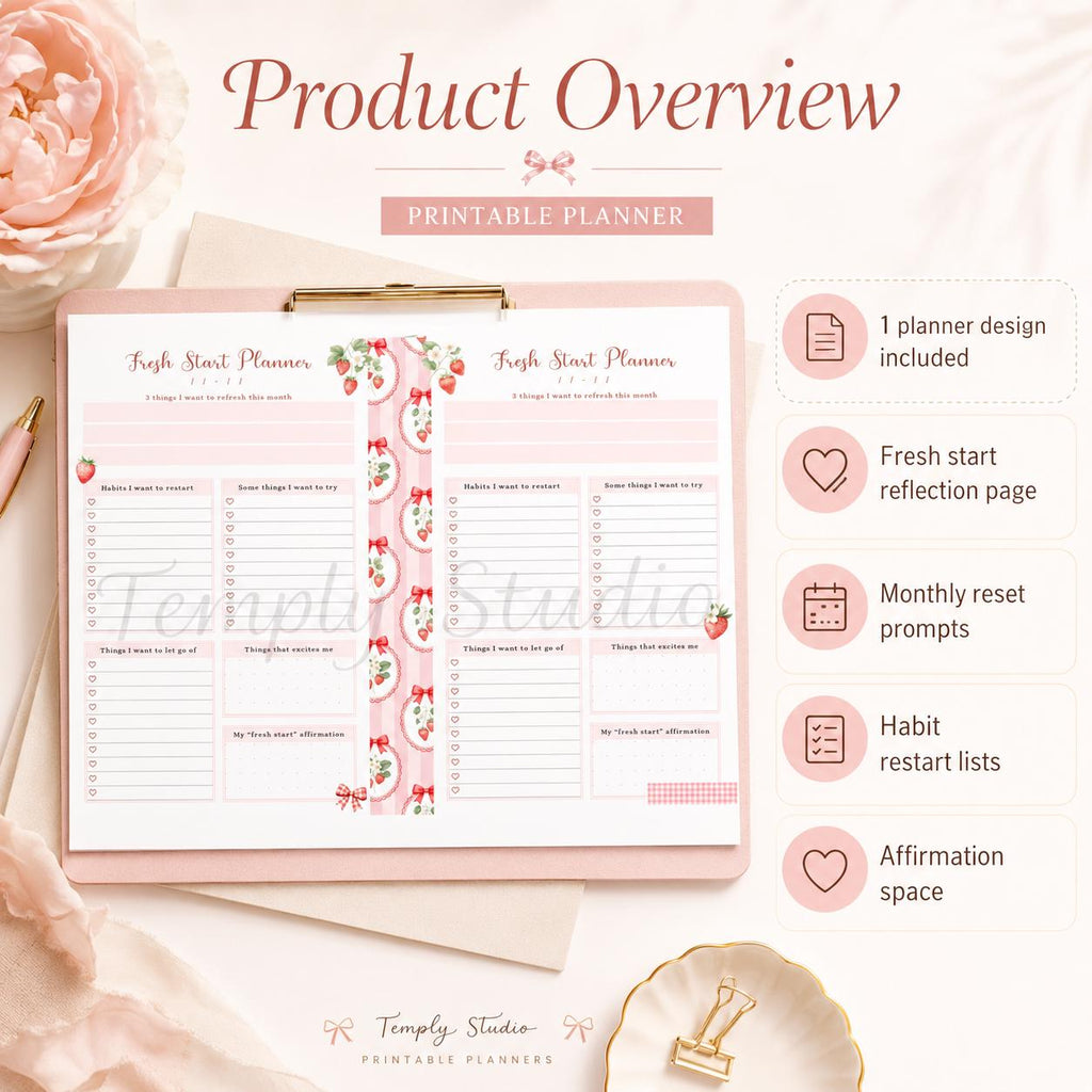 Fresh Start Planner Printable | Strawberry Aesthetic Monthly Reset Journal Page  - image 2