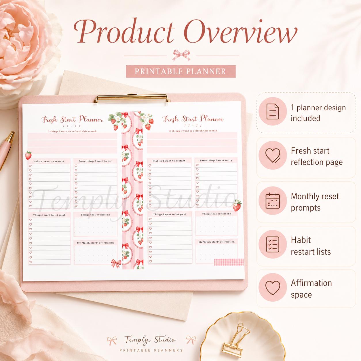 Fresh Start Planner Printable | Strawberry Aesthetic Monthly Reset Journal Page  - image 2