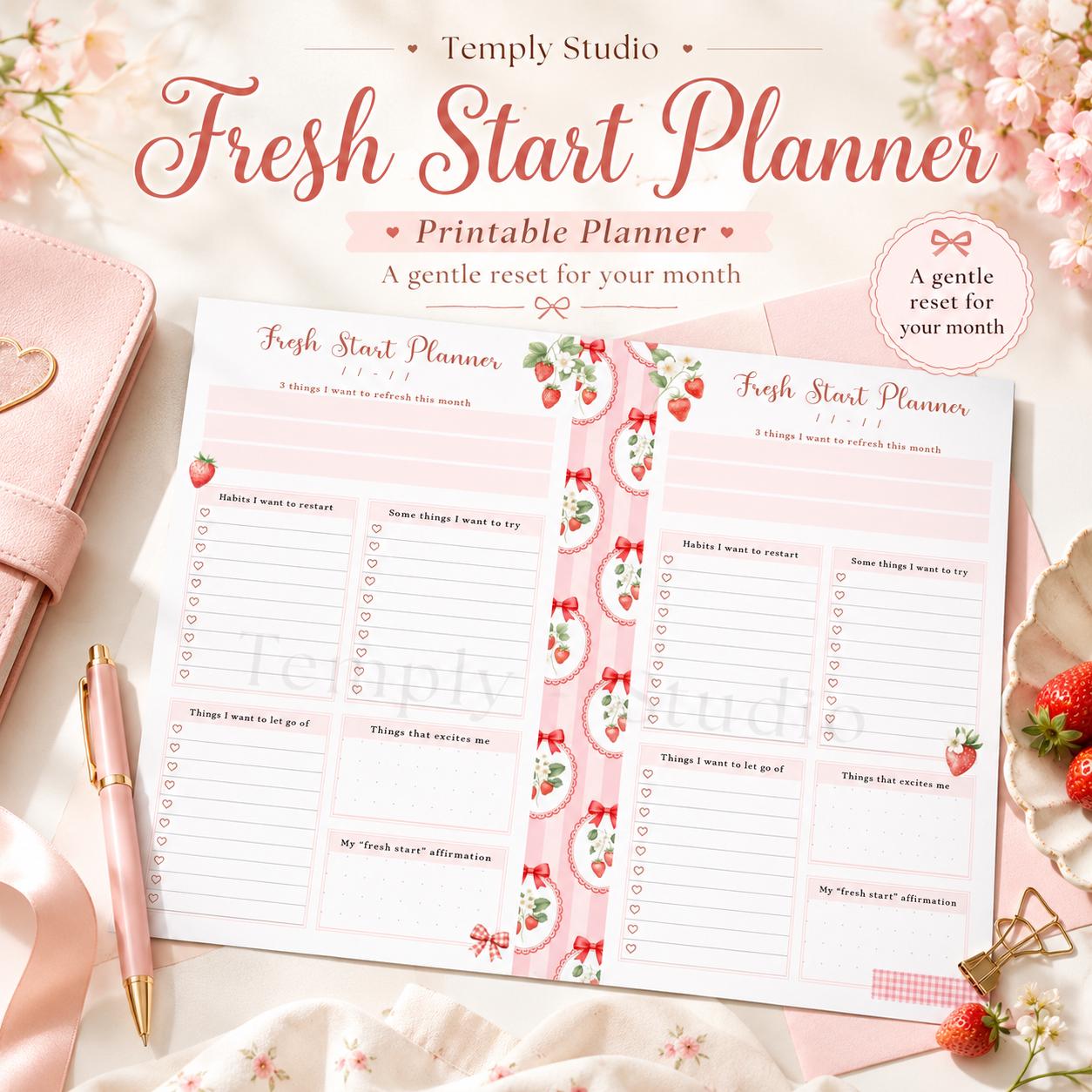 Fresh Start Planner Printable | Strawberry Aesthetic Monthly Reset Journal Page  - image 1