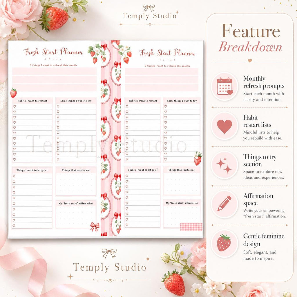 Fresh Start Planner Printable | Strawberry Aesthetic Monthly Reset Journal Page  - image 3