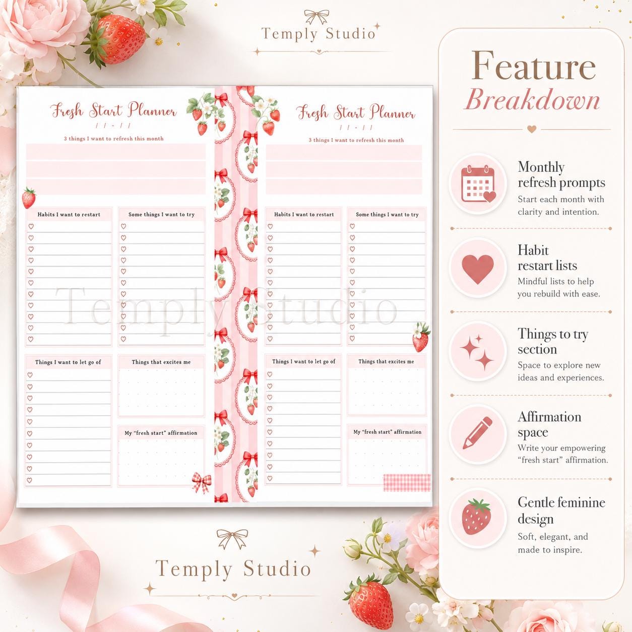 Fresh Start Planner Printable | Strawberry Aesthetic Monthly Reset Journal Page  - image 3
